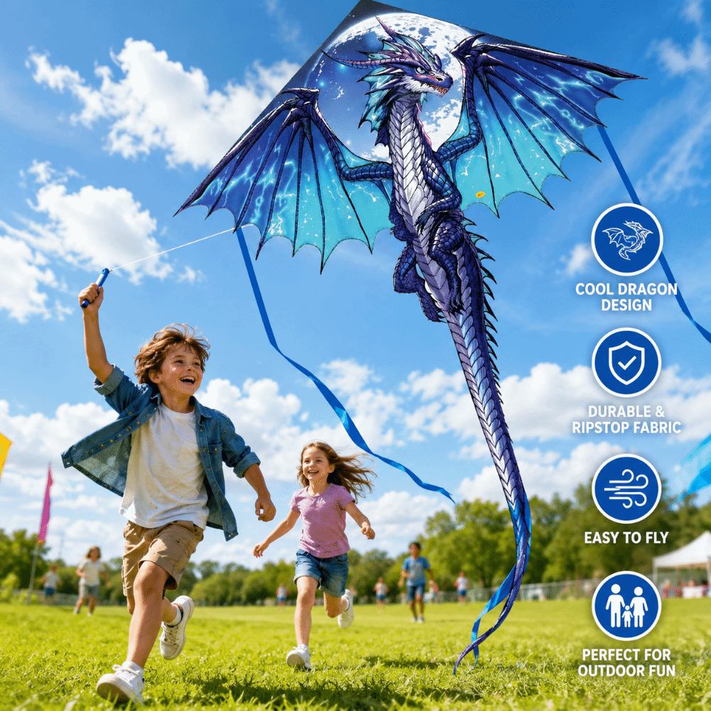 Kite Easy Fly Kids - Воздушный змей «Синий дракон» с 100-метровой